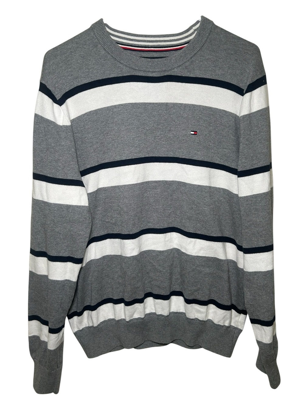 Tommy Hilfiger Men's Gray Striped Crewneck Sweater Casual Pullover‎ Y2K Large